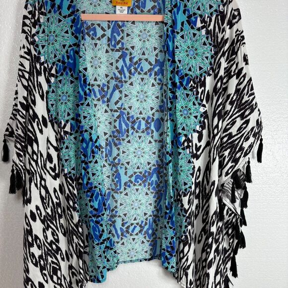 Ruby Rd Womens Size XL Aqua Black White Abstract Shawl Swimsuit Coverup Tassels - Picture 6 of 8